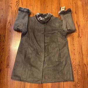 GALLERY COATS 2X NWT Smoke Faux Shearling Trim Coat Plush Fur Collar & Cuffs